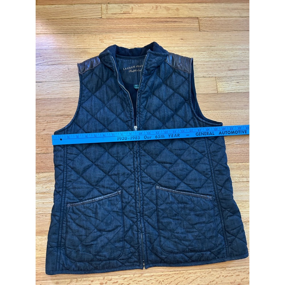 Lauren Ralph Lauren Quilted Denim Vest Leather Trim Fleece Lined Black L - Picture 3 of 8